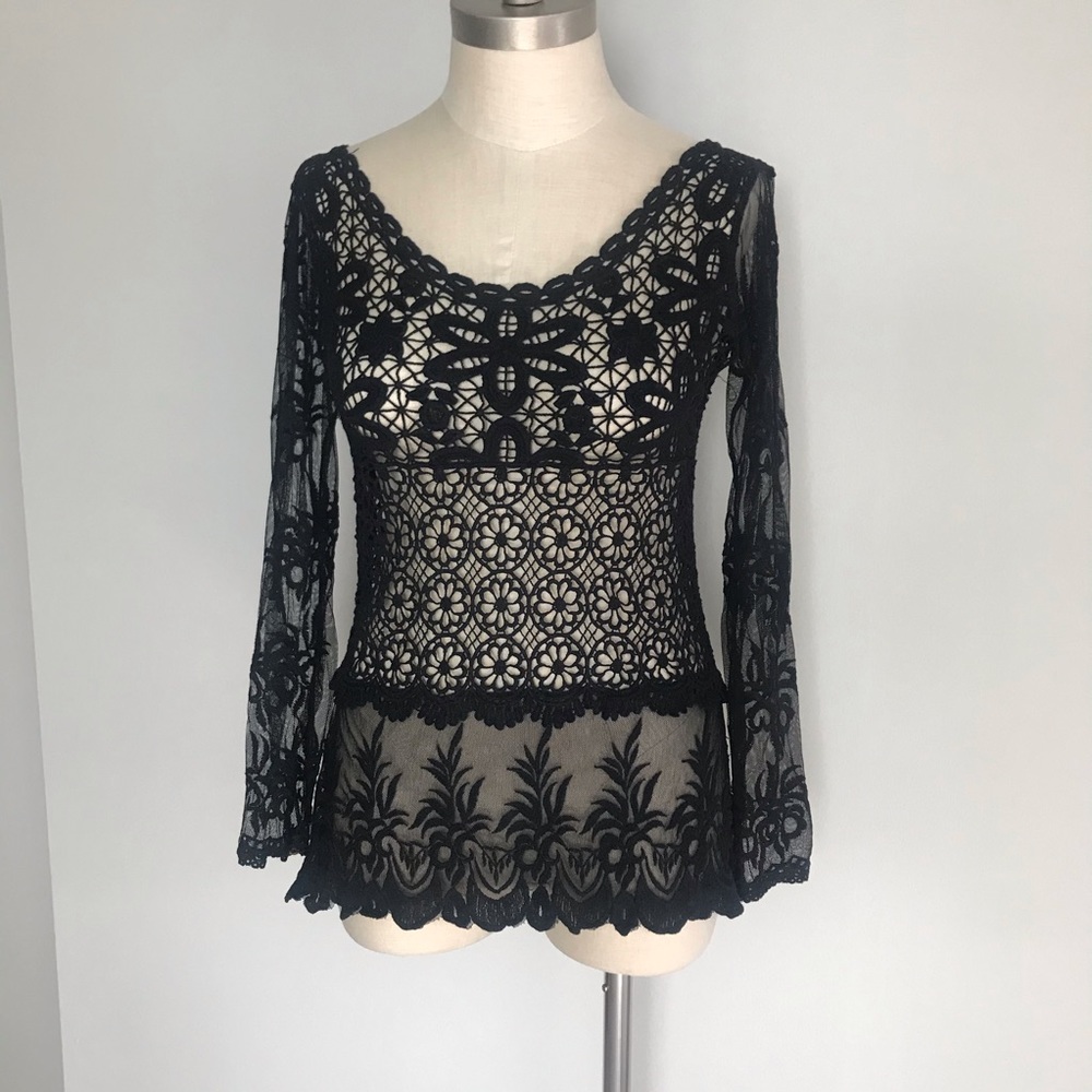 Crystal long sleeve black lace top
